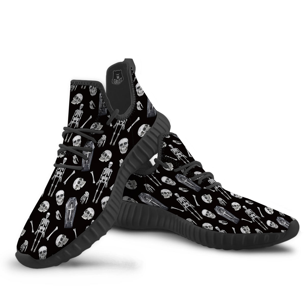 Coffin White And Black Print Pattern Black Walking Shoes-grizzshop