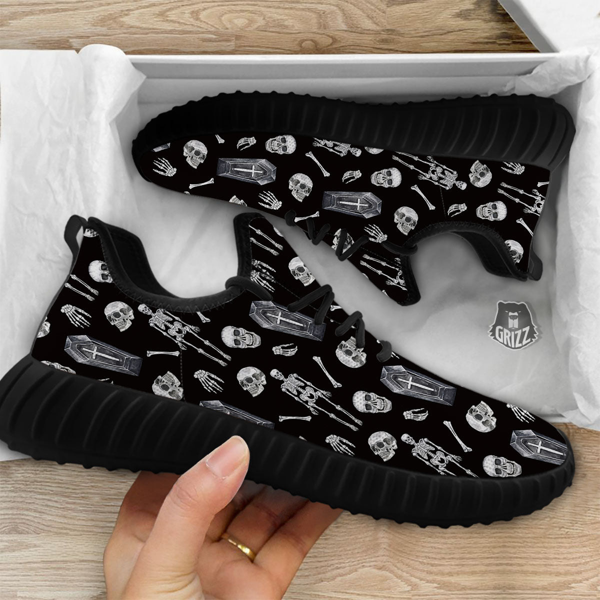 Coffin White And Black Print Pattern Black Walking Shoes-grizzshop