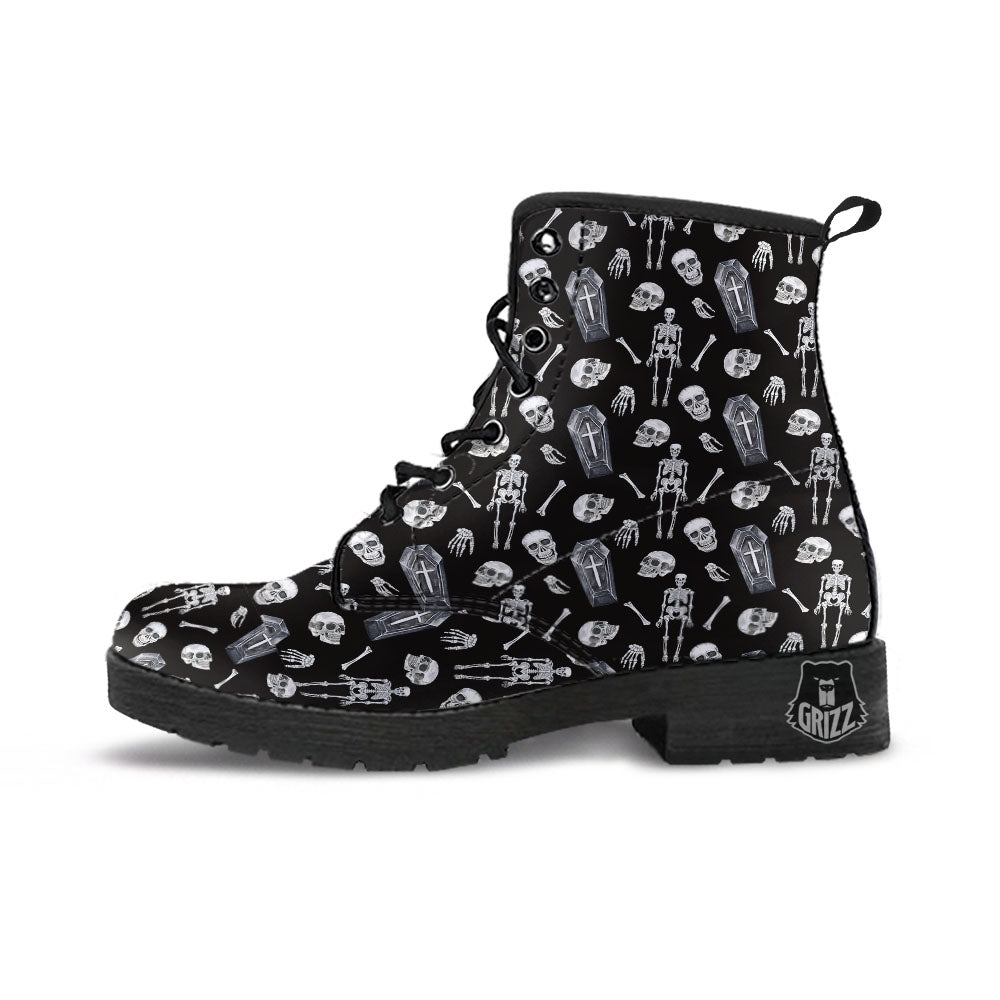 Coffin White And Black Print Pattern Leather Boots-grizzshop