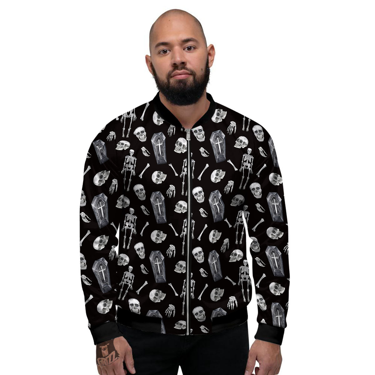 Coffin White And Black Print Pattern Men's Bomber Jacket-grizzshop