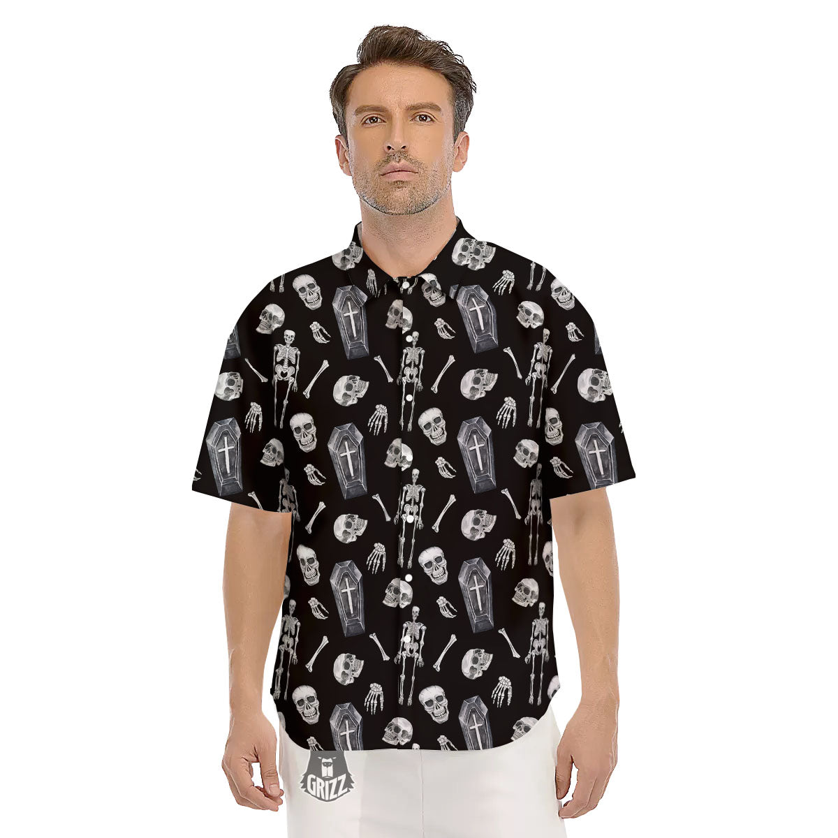 Coffin White And Black Print Pattern Men's Short Sleeve Shirts-grizzshop