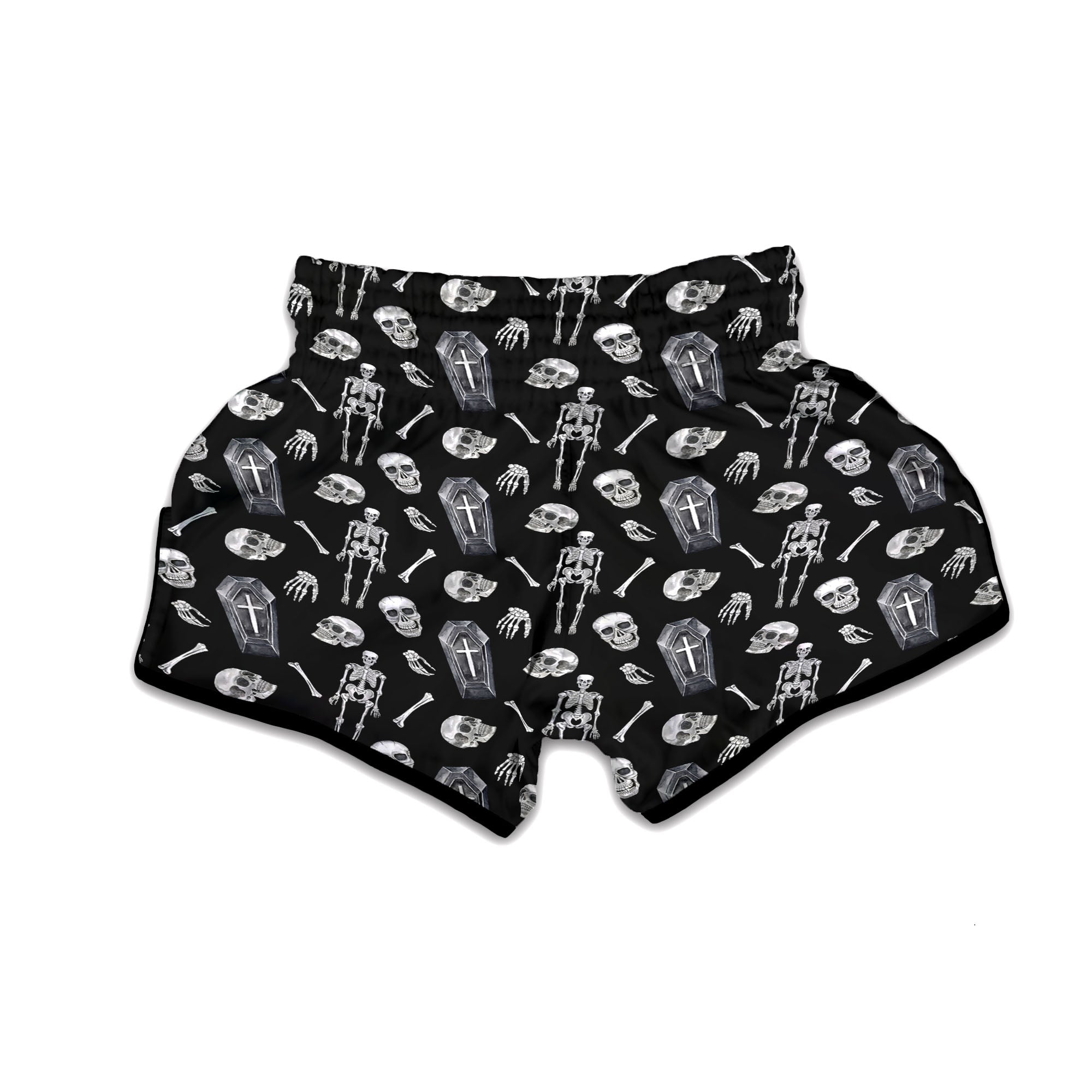 Coffin White And Black Print Pattern Muay Thai Boxing Shorts-grizzshop