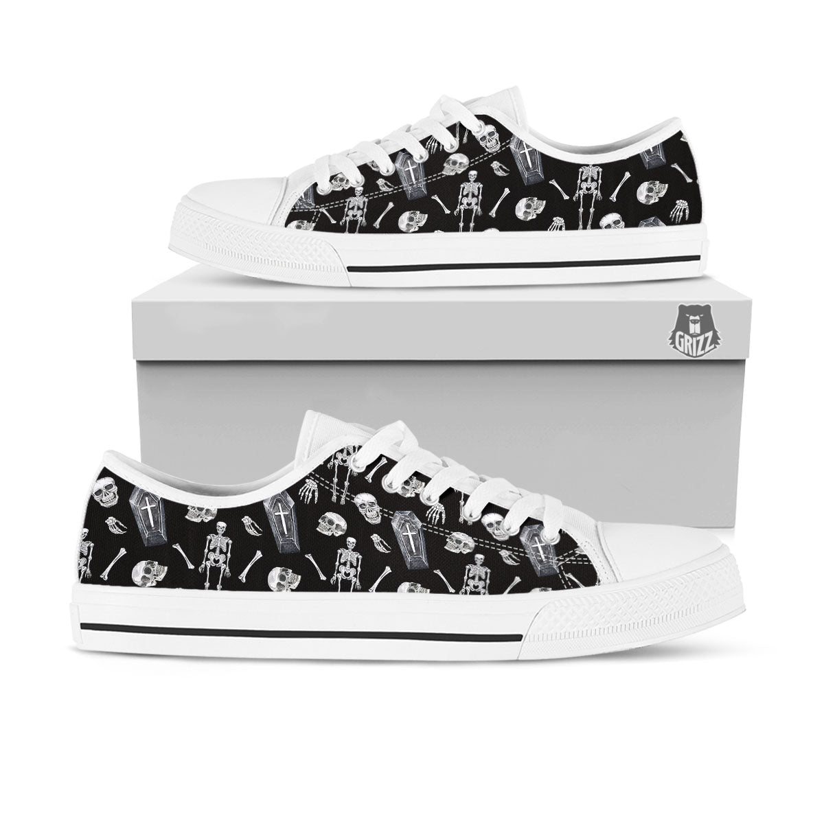 Coffin White And Black Print Pattern White Low Top Shoes-grizzshop