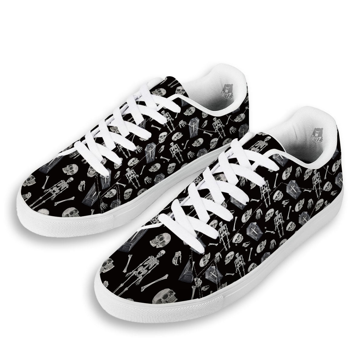 Coffin White And Black Print Pattern White Low Top Sneakers-grizzshop