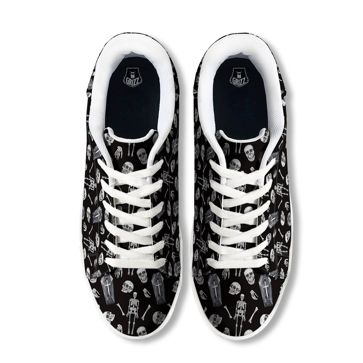 Coffin White And Black Print Pattern White Low Top Sneakers-grizzshop