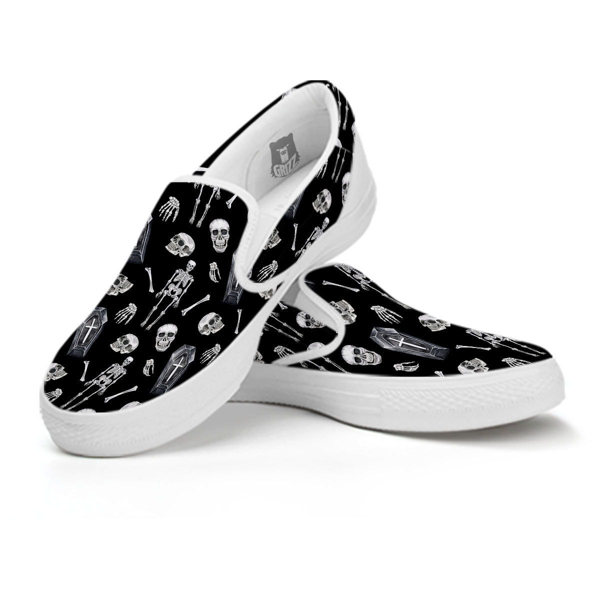 Coffin White And Black Print Pattern White Slip On Shoes-grizzshop