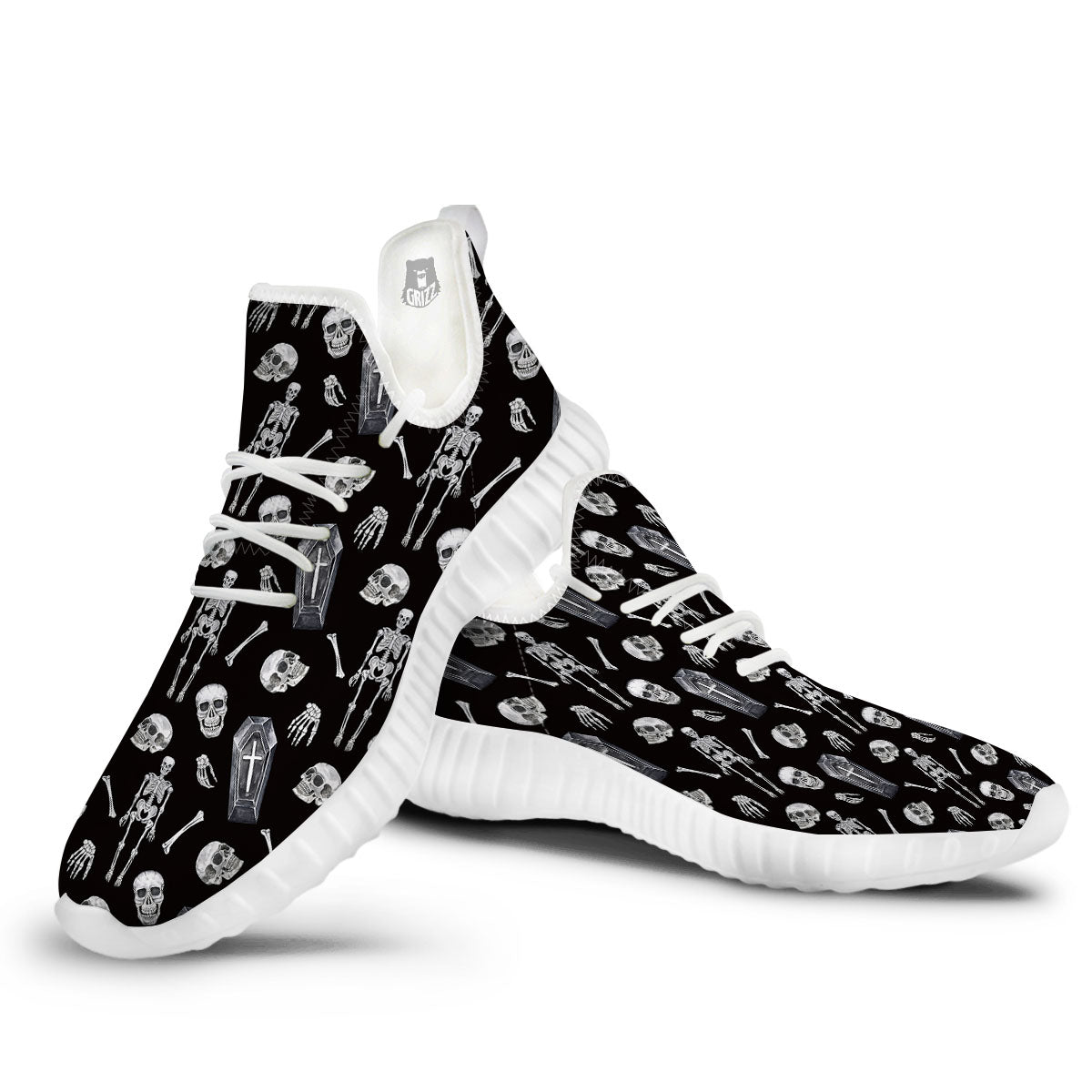 Coffin White And Black Print Pattern White Walking Shoes-grizzshop