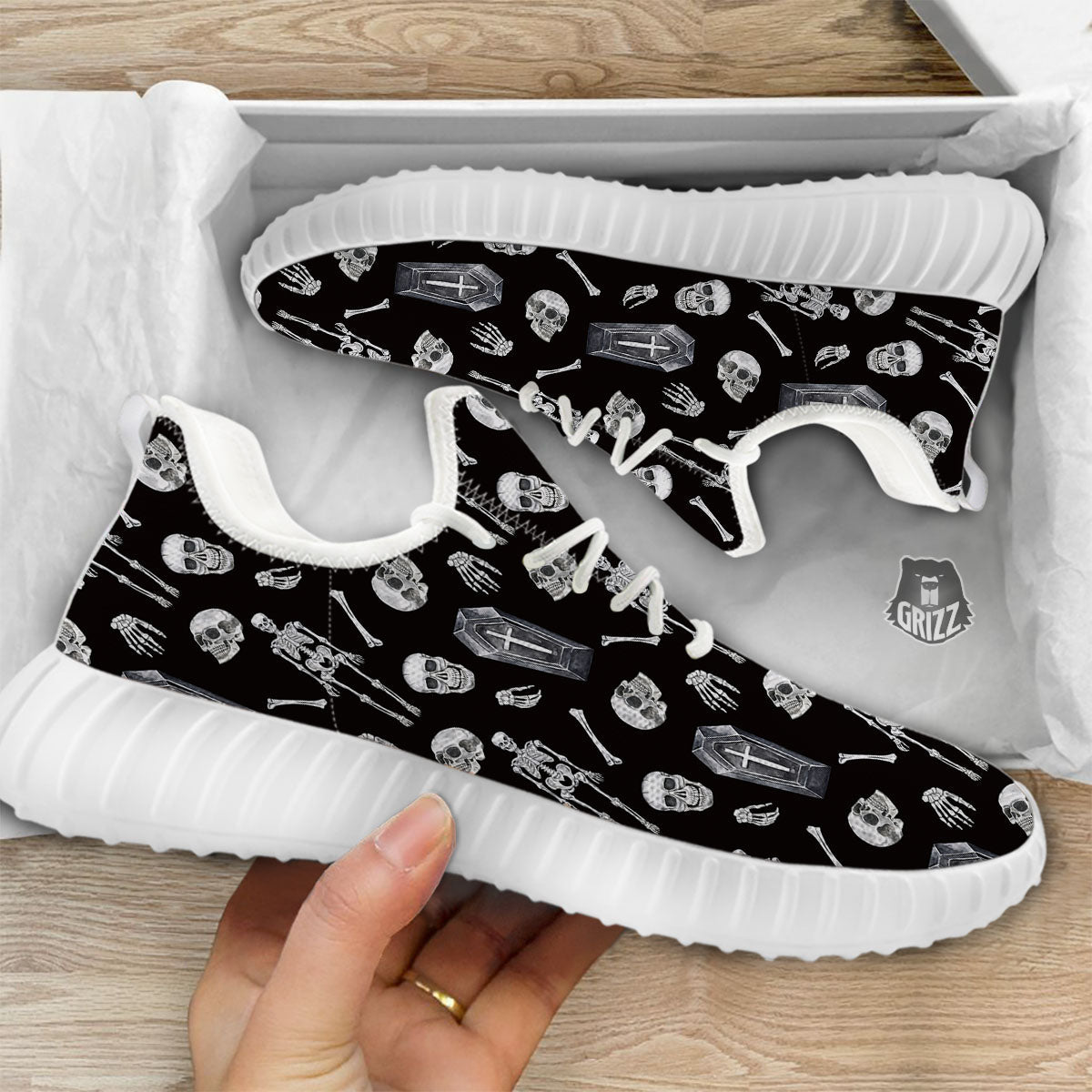 Coffin White And Black Print Pattern White Walking Shoes-grizzshop
