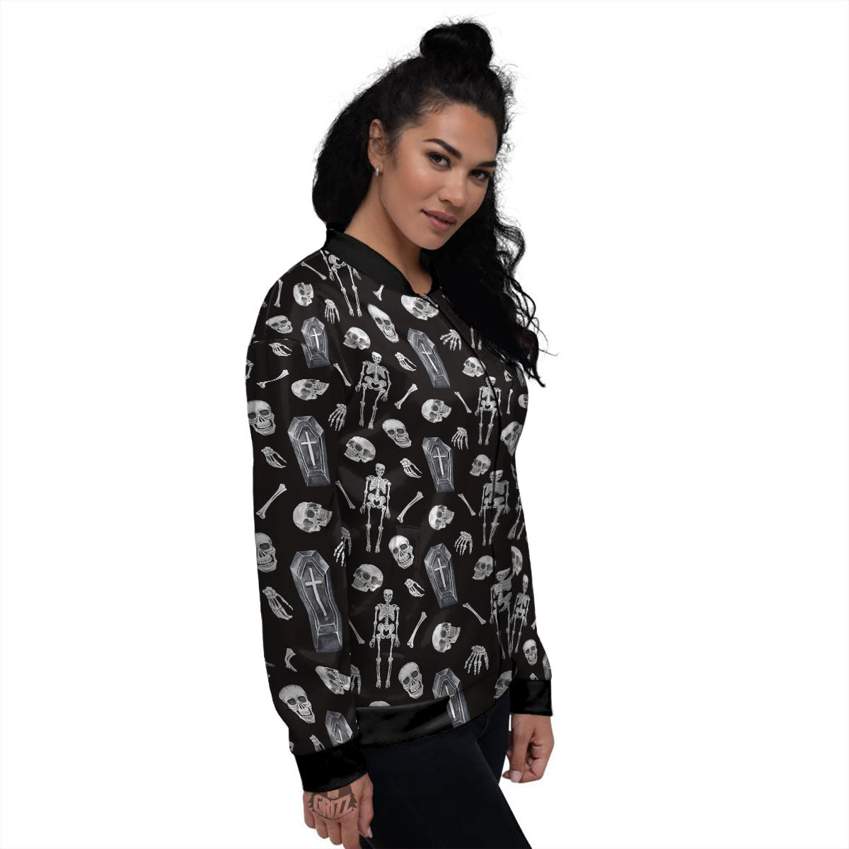 Coffin White And Black Print Pattern Women's Bomber Jacket-grizzshop