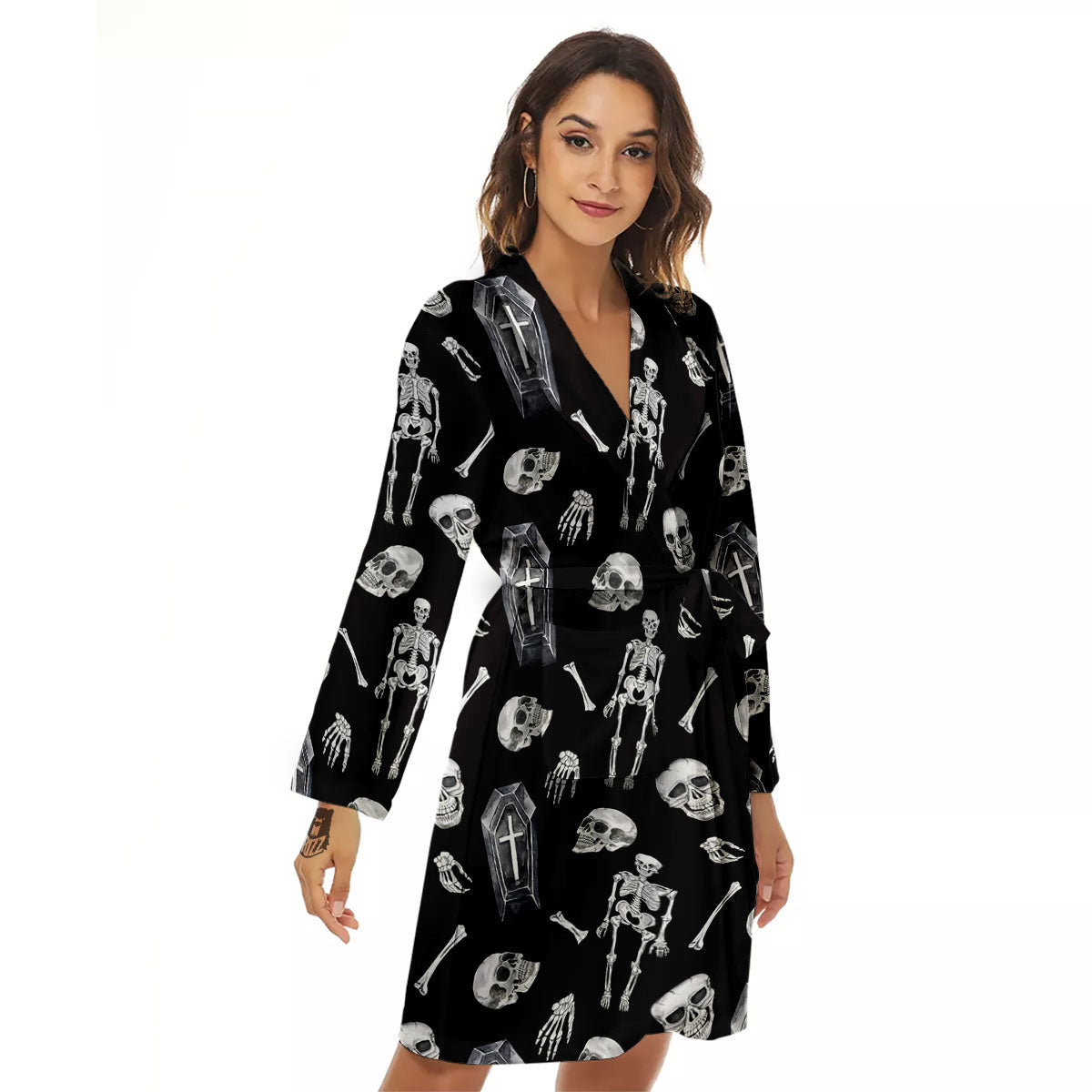 Coffin White And Black Print Pattern Women's Robe-grizzshop