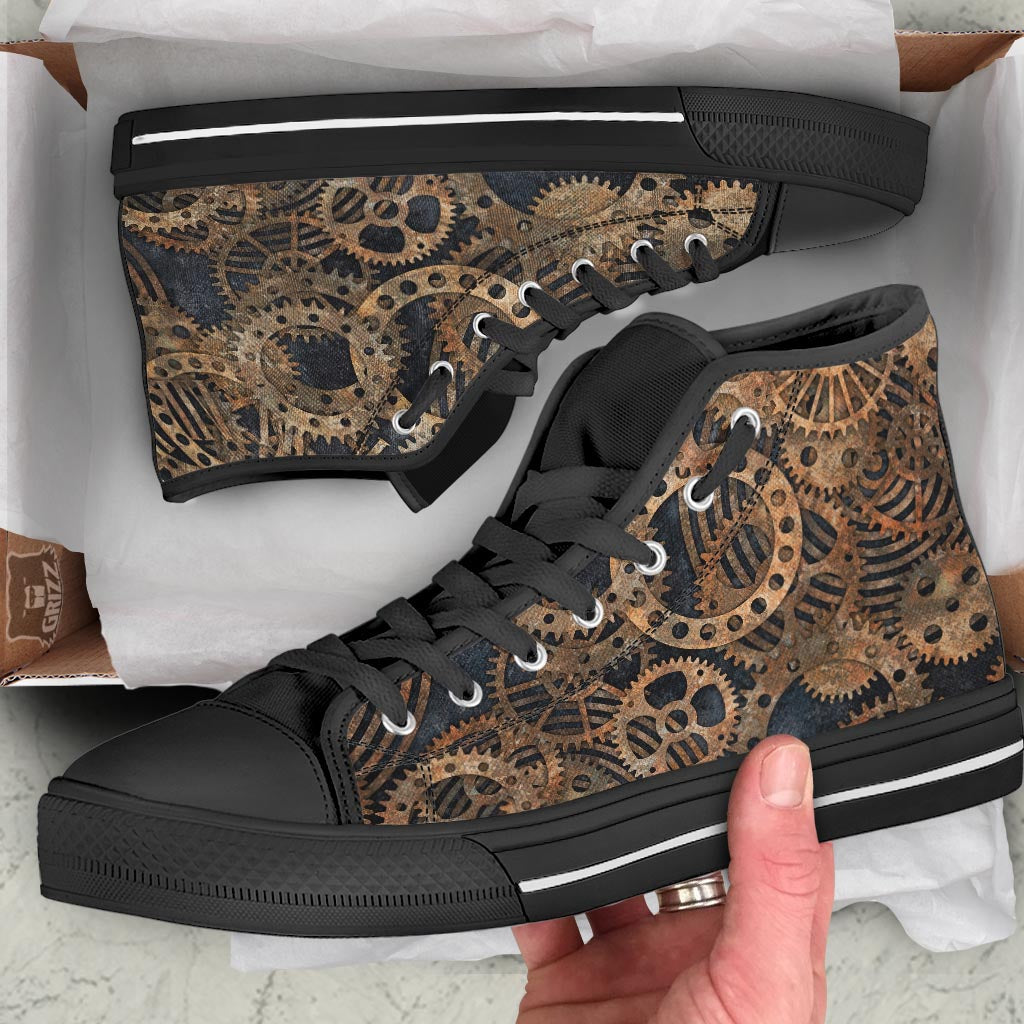 Cogs And Gears Steampunk Brass Print Black High Top Shoes-grizzshop