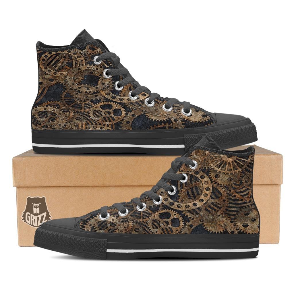Cogs And Gears Steampunk Brass Print Black High Top Shoes-grizzshop