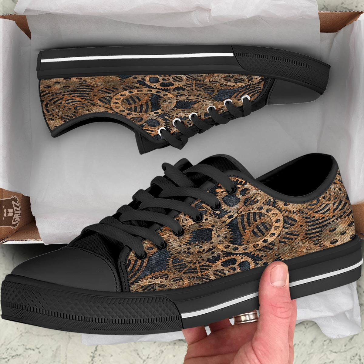 Cogs And Gears Steampunk Brass Print Black Low Top Shoes-grizzshop