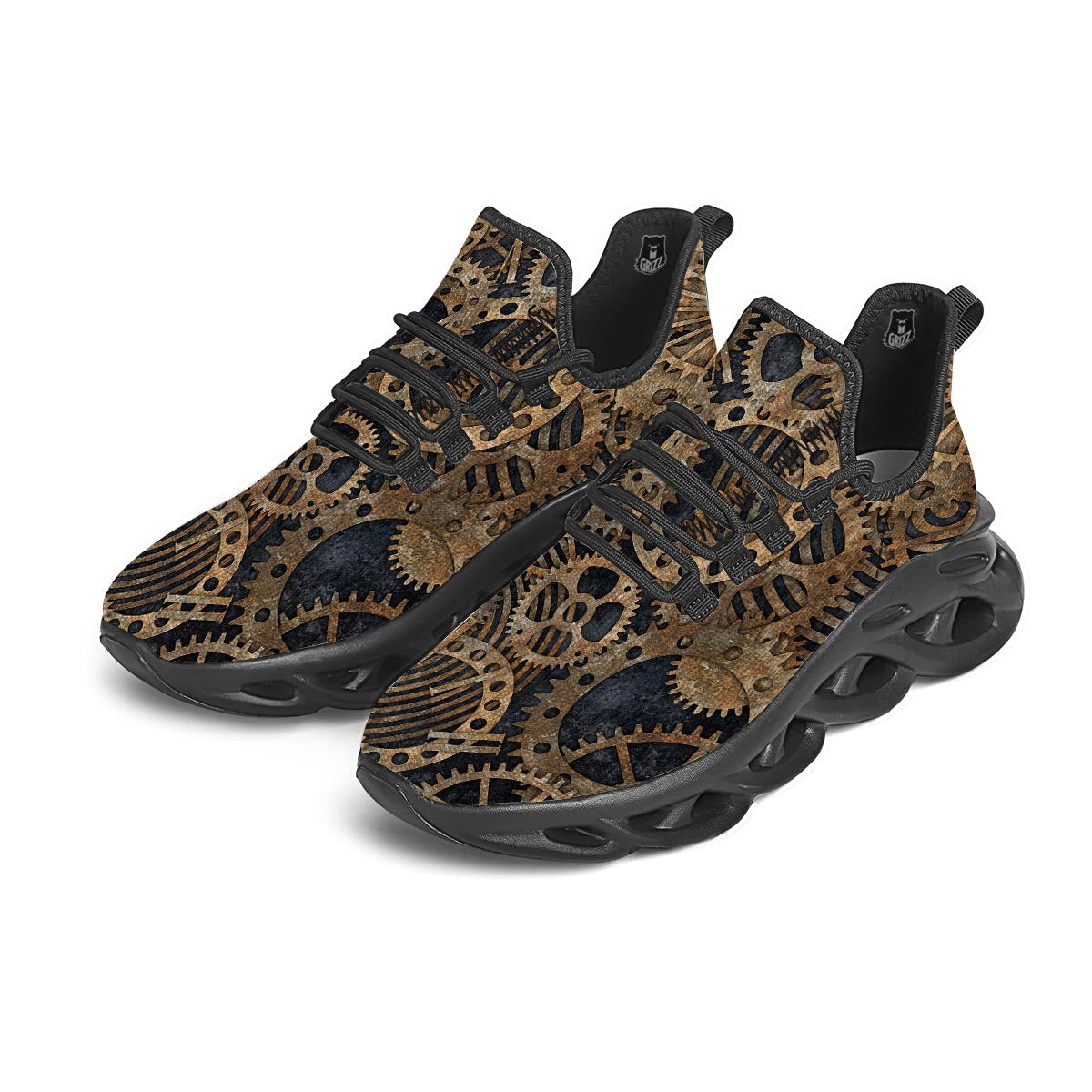 Cogs And Gears Steampunk Brass Print Black Running Shoes-grizzshop