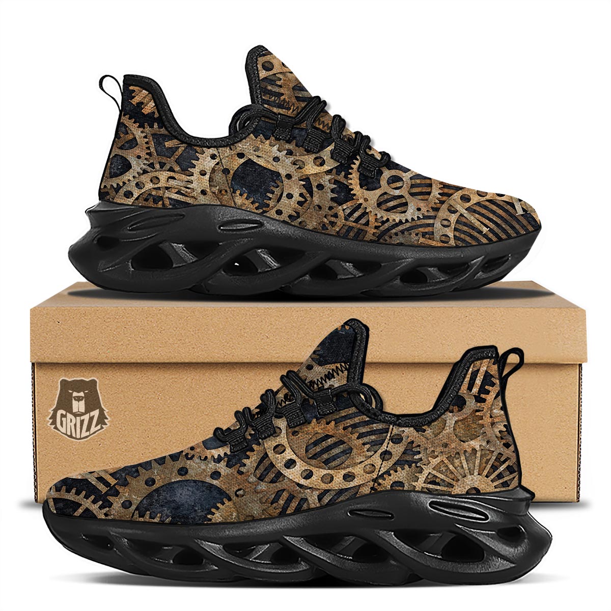 Cogs And Gears Steampunk Brass Print Black Running Shoes-grizzshop