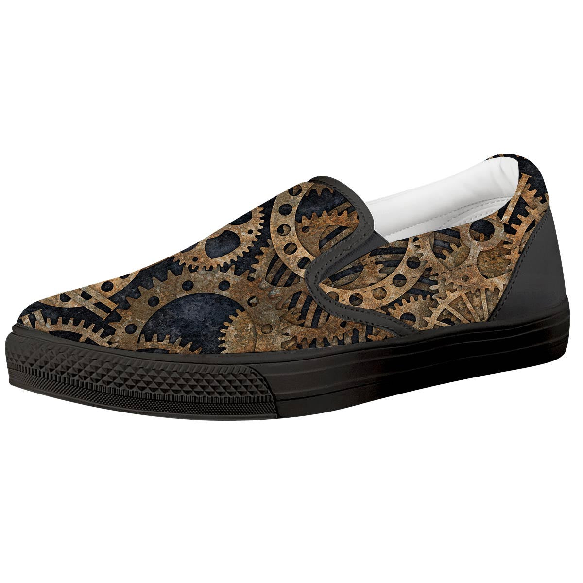 Cogs And Gears Steampunk Brass Print Black Slip On Shoes-grizzshop