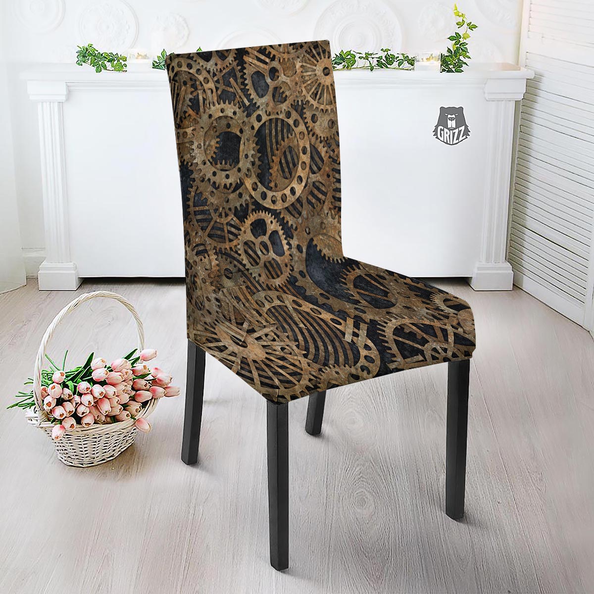 Cogs And Gears Steampunk Brass Print Dining Chair Slipcover-grizzshop