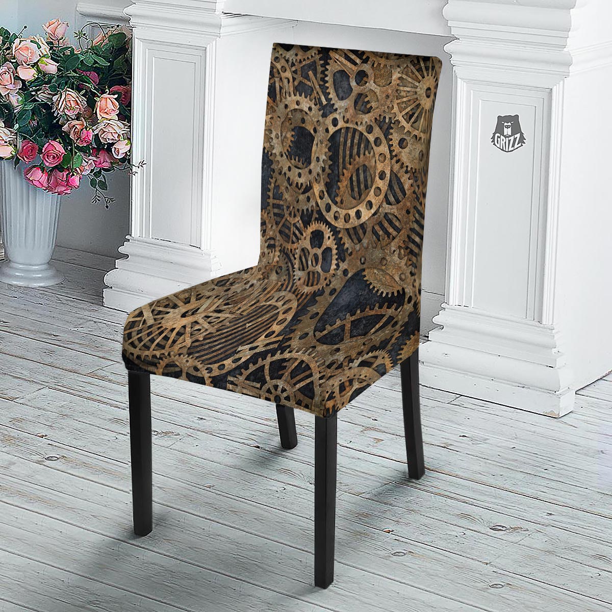 Cogs And Gears Steampunk Brass Print Dining Chair Slipcover-grizzshop