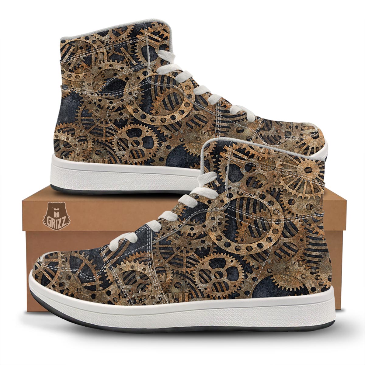 Cogs And Gears Steampunk Brass Print High Top Sneakers-grizzshop