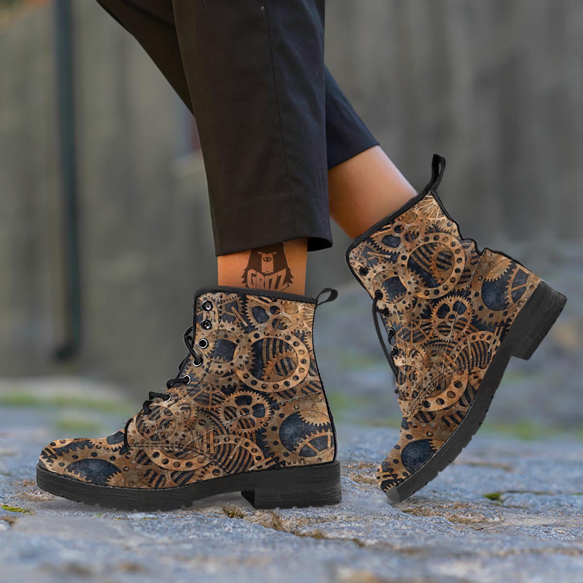 Cogs And Gears Steampunk Brass Print Leather Boots-grizzshop