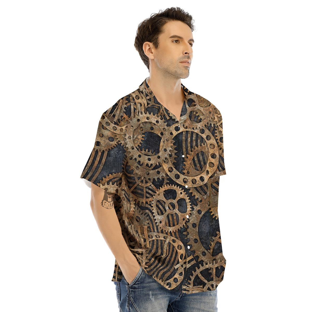 Cogs And Gears Steampunk Brass Print Men's Hawaiian Shirt-grizzshop