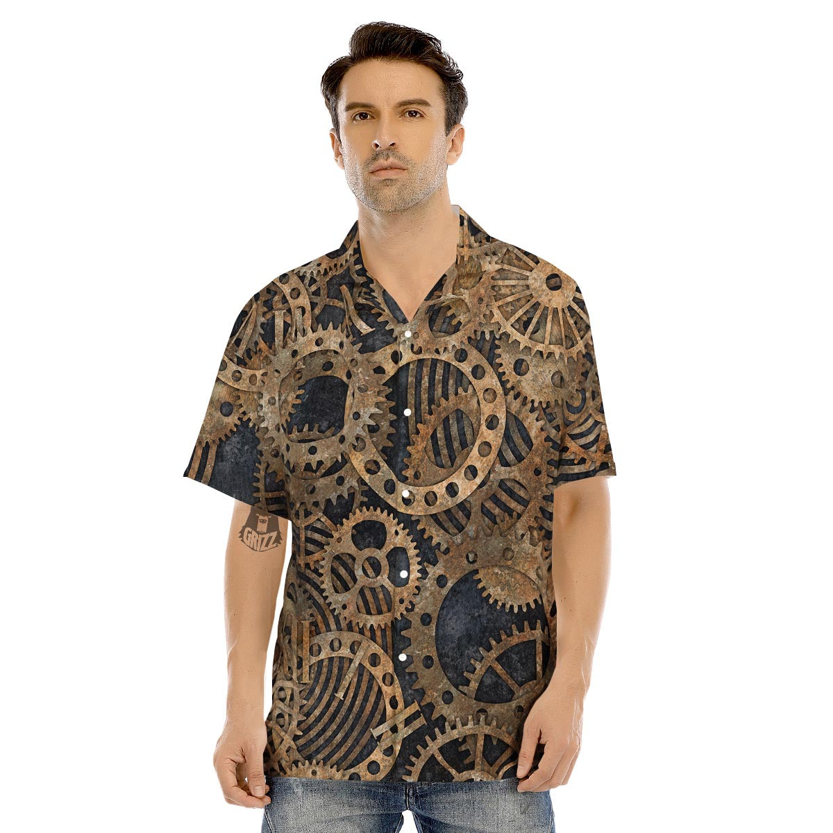 Cogs And Gears Steampunk Brass Print Men's Hawaiian Shirt-grizzshop