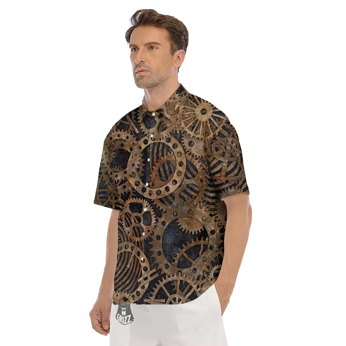 Cogs And Gears Steampunk Brass Print Men's Short Sleeve Shirts-grizzshop