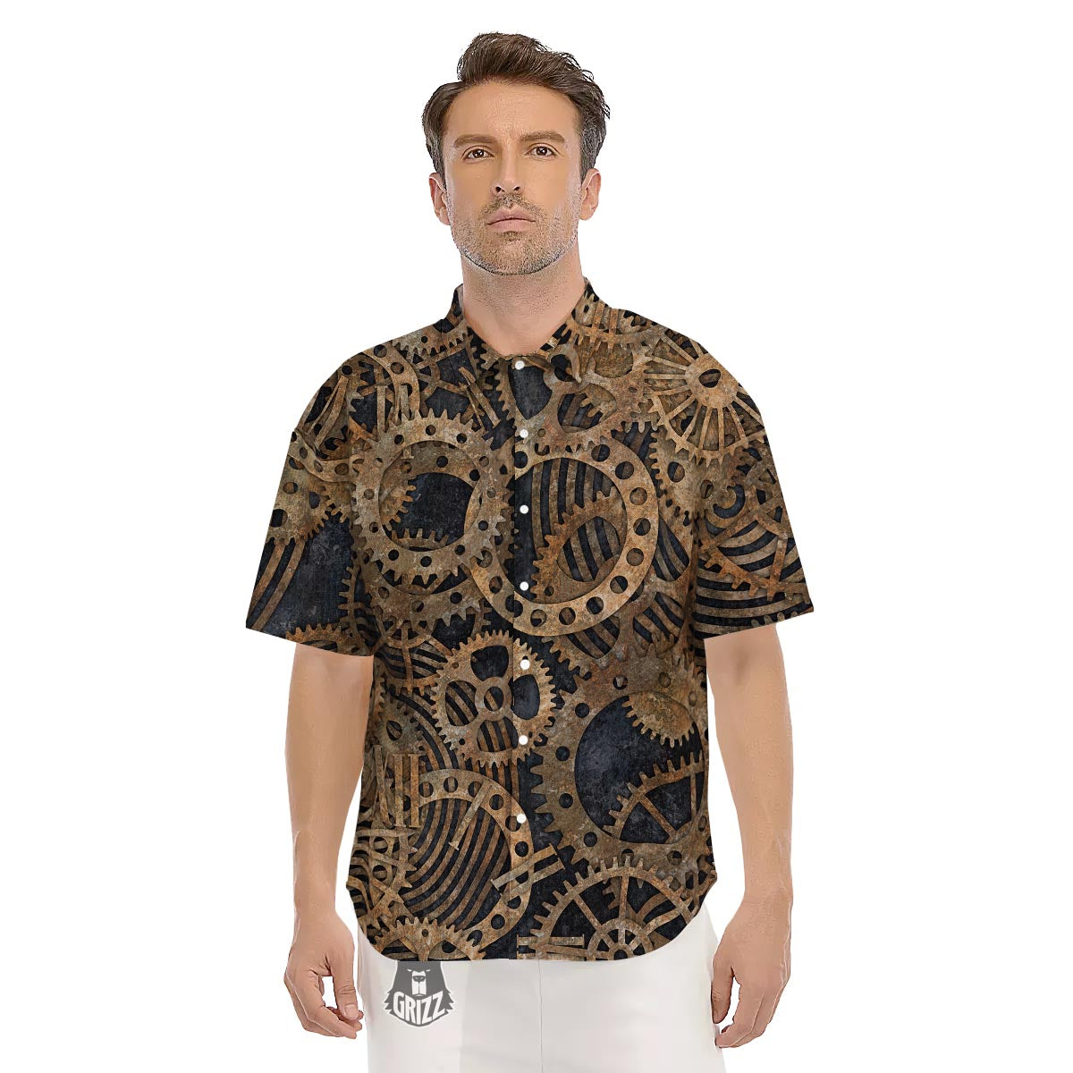 Cogs And Gears Steampunk Brass Print Men's Short Sleeve Shirts-grizzshop