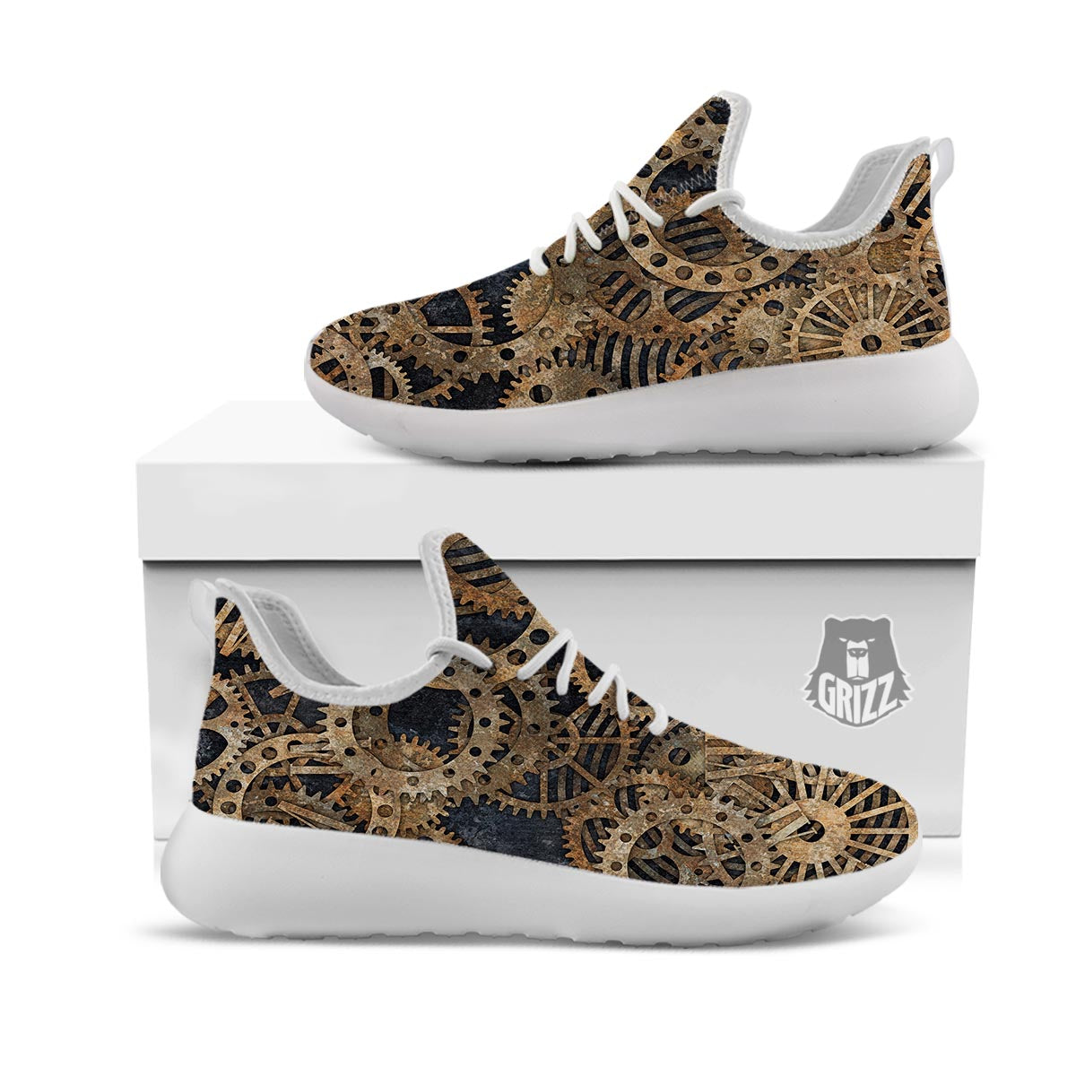 Cogs And Gears Steampunk Brass Print White Athletic Shoes-grizzshop