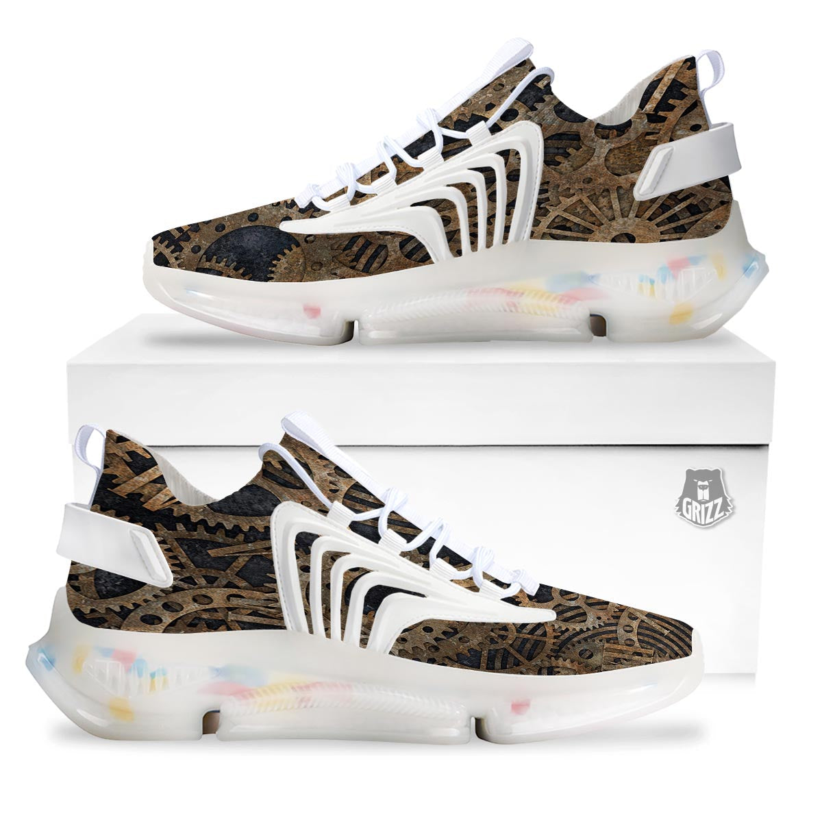 Cogs And Gears Steampunk Brass Print White Gym Shoes-grizzshop