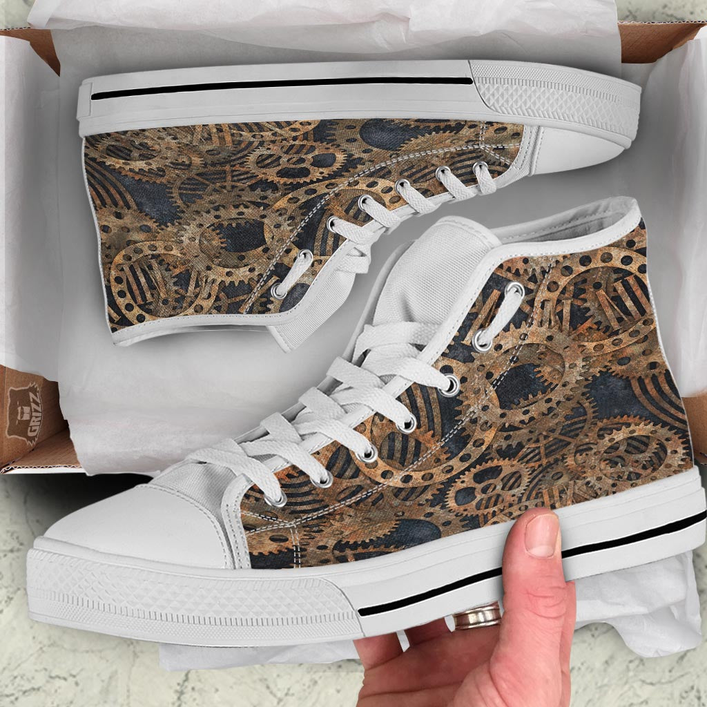Cogs And Gears Steampunk Brass Print White High Top Shoes-grizzshop