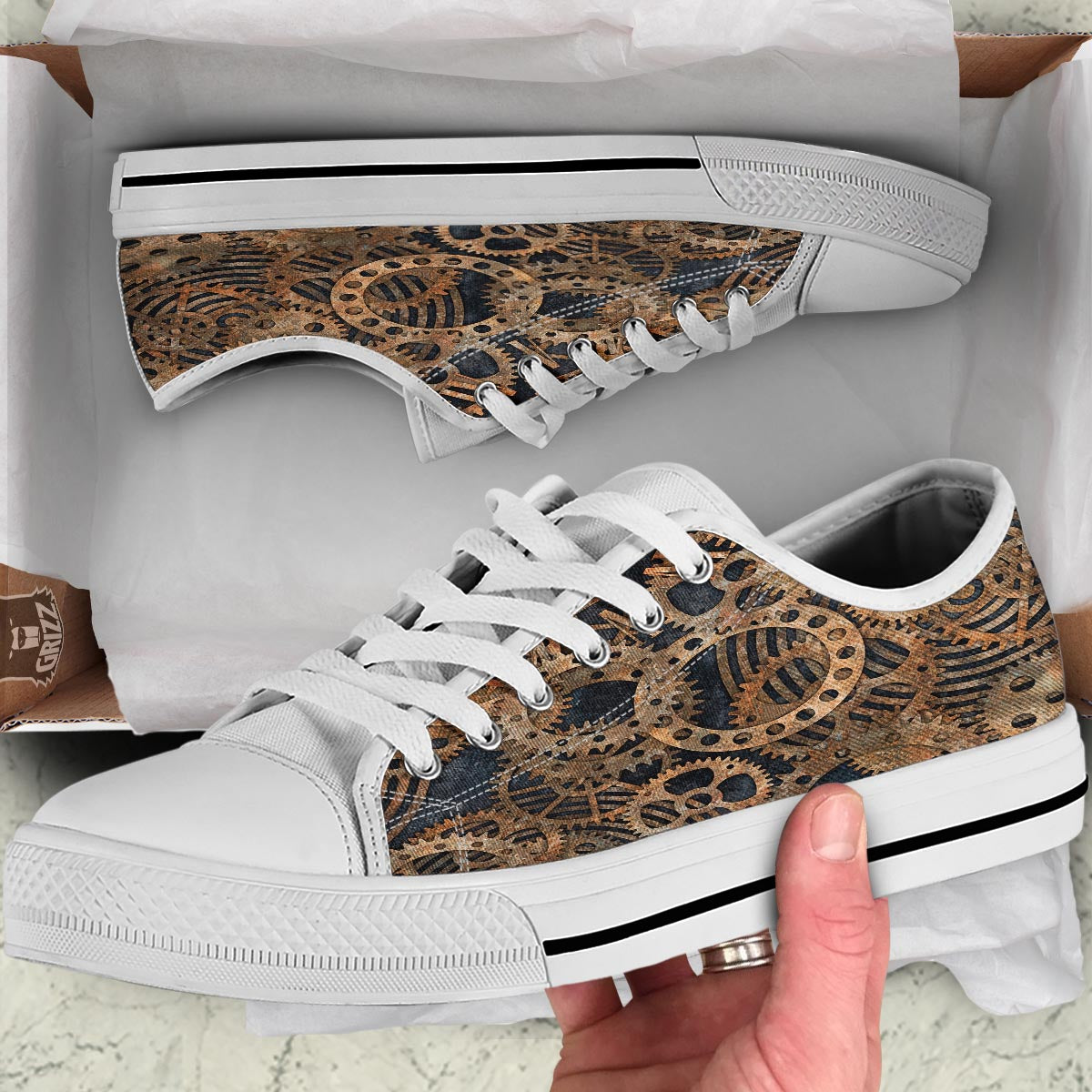 Cogs And Gears Steampunk Brass Print White Low Top Shoes-grizzshop