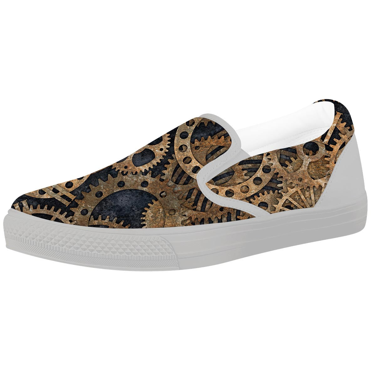 Cogs And Gears Steampunk Brass Print White Slip On Shoes-grizzshop