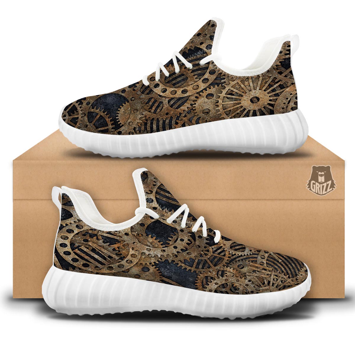 Cogs And Gears Steampunk Brass Print White Walking Shoes-grizzshop