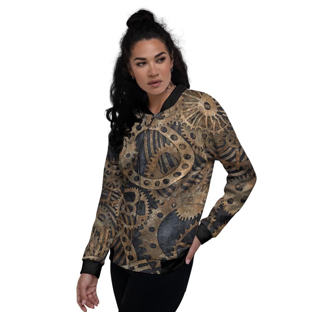 Cogs And Gears Steampunk Brass Print Women's Bomber Jacket-grizzshop