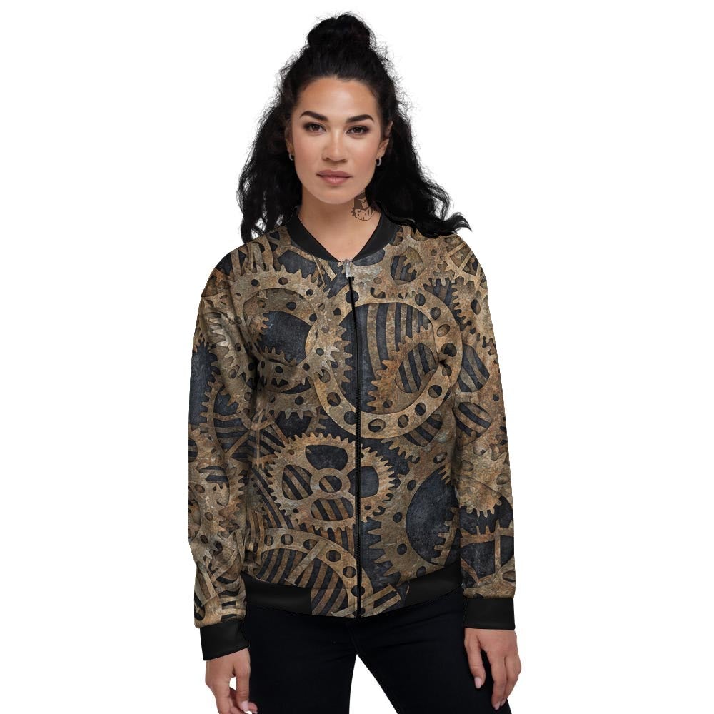 Cogs And Gears Steampunk Brass Print Women's Bomber Jacket-grizzshop