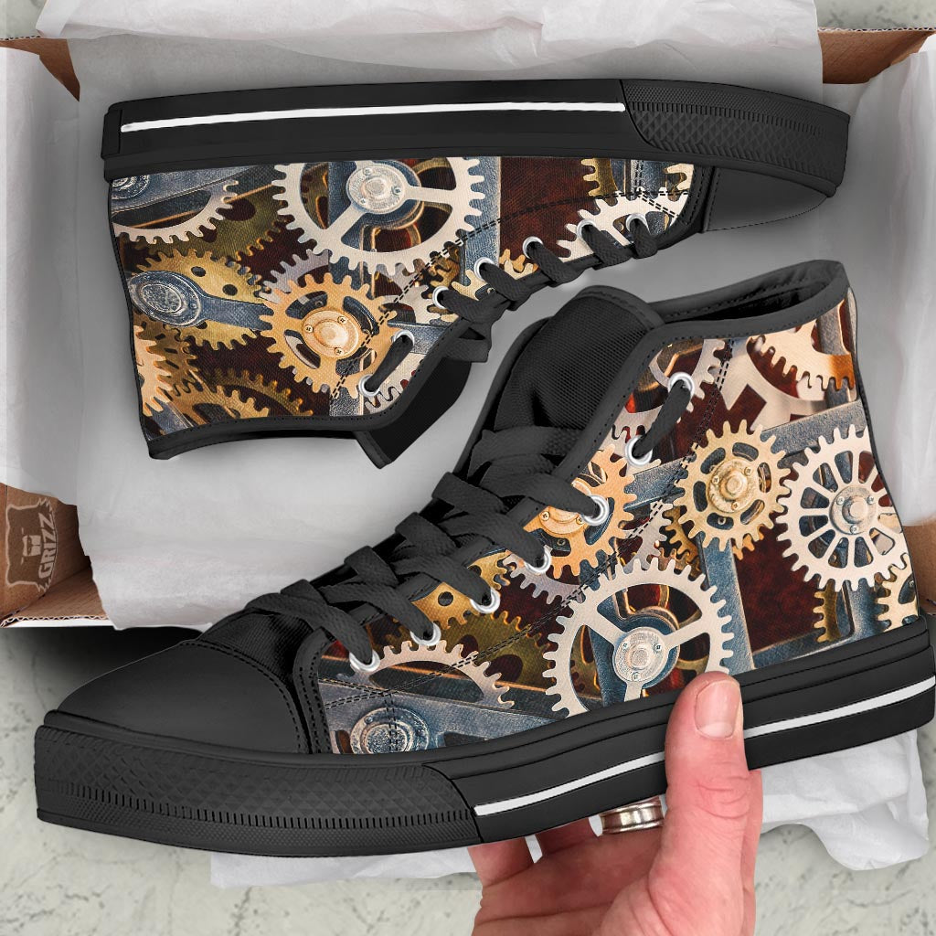 Cogs And Steampunk Gears Print Black High Top Shoes-grizzshop