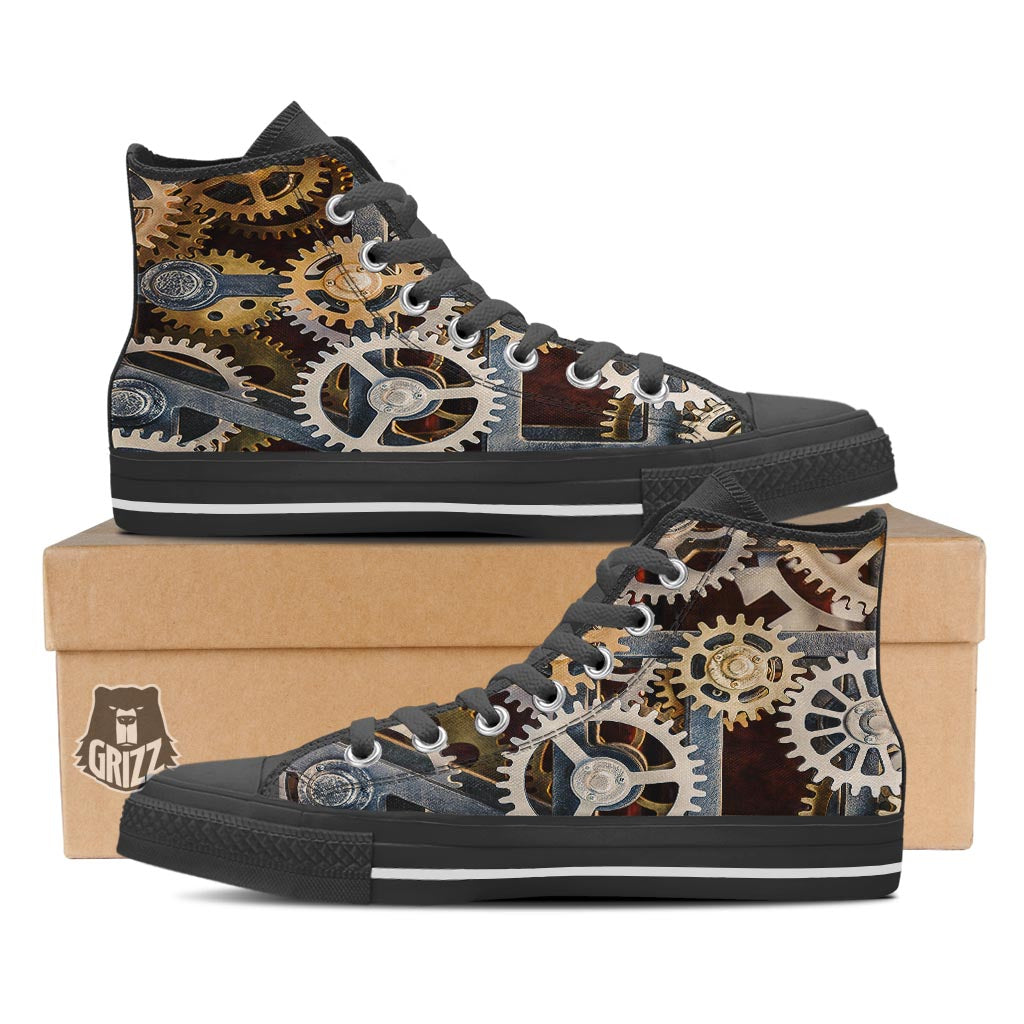 Cogs And Steampunk Gears Print Black High Top Shoes-grizzshop