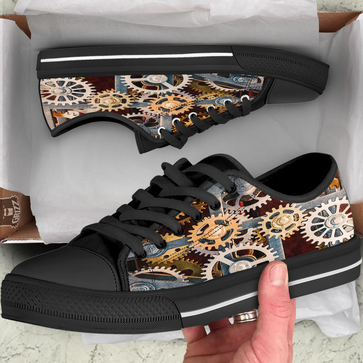 Cogs And Steampunk Gears Print Black Low Top Shoes-grizzshop