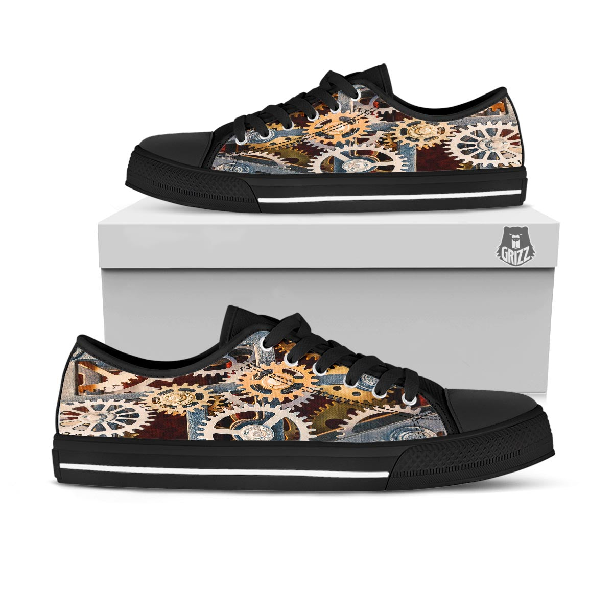 Cogs And Steampunk Gears Print Black Low Top Shoes-grizzshop