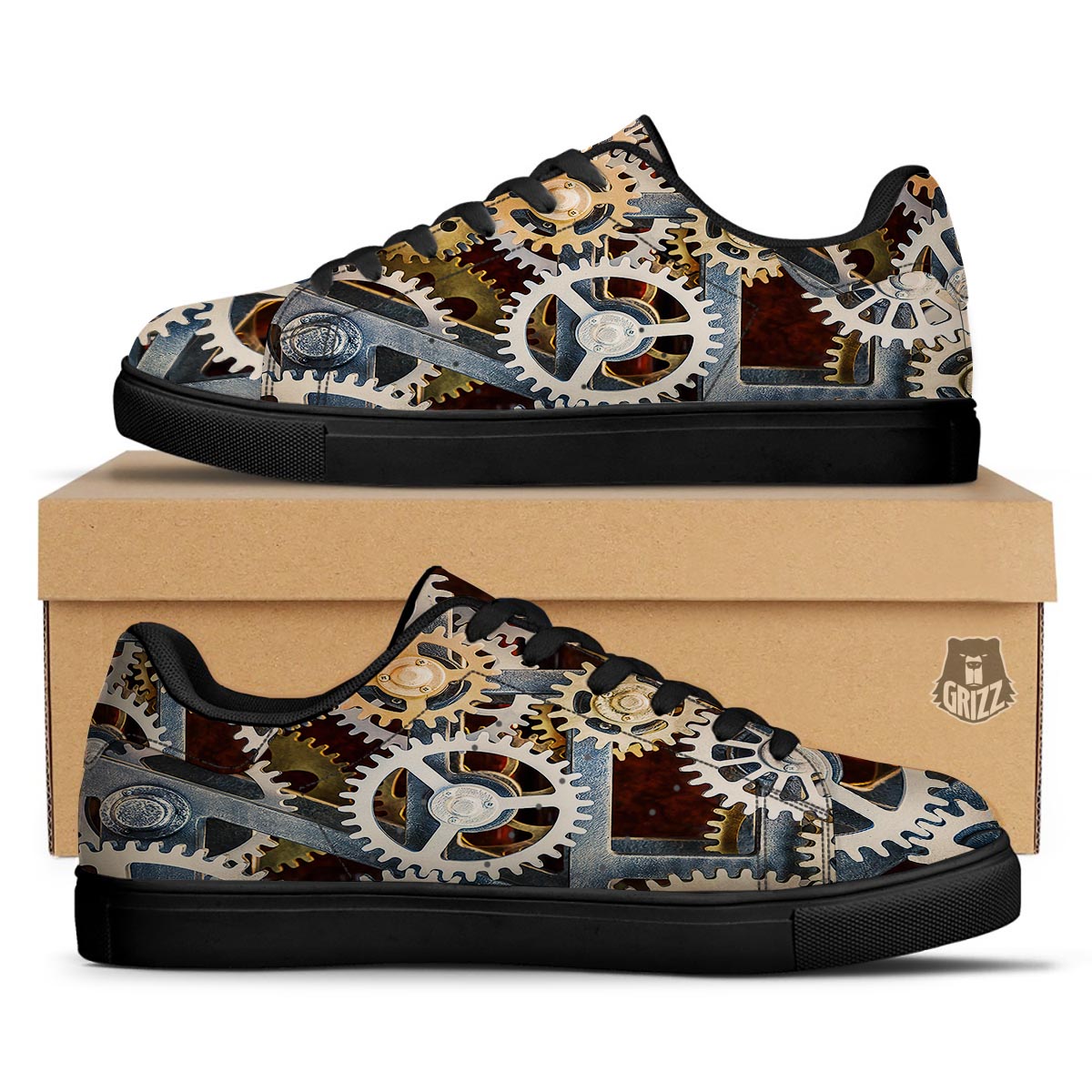 Cogs And Steampunk Gears Print Black Low Top Sneakers-grizzshop