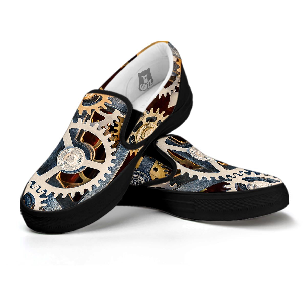 Cogs And Steampunk Gears Print Black Slip On Shoes-grizzshop