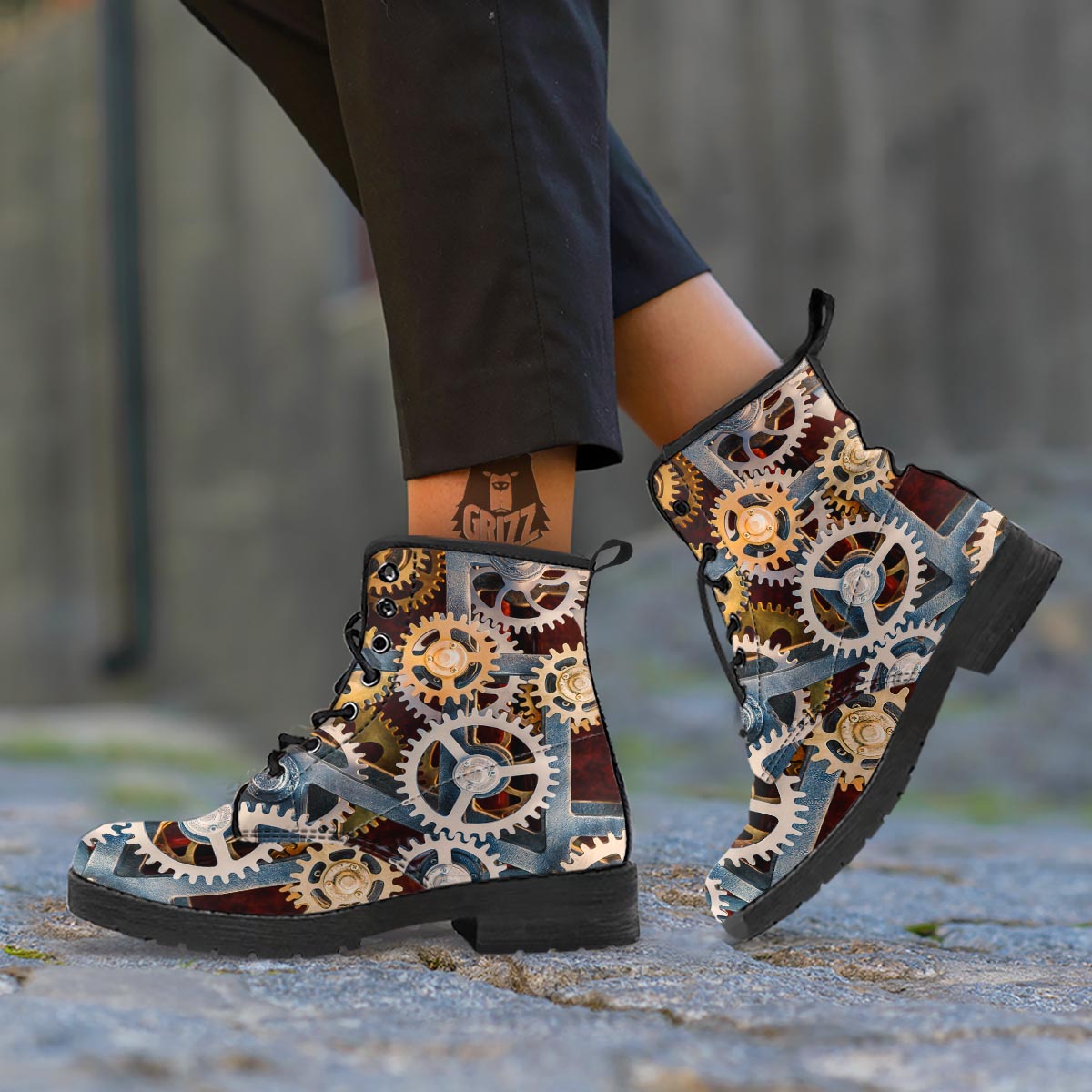 Cogs And Steampunk Gears Print Leather Boots-grizzshop