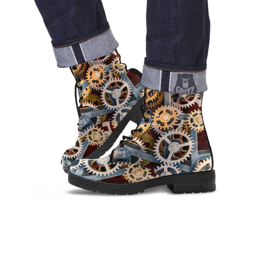 Cogs And Steampunk Gears Print Leather Boots-grizzshop