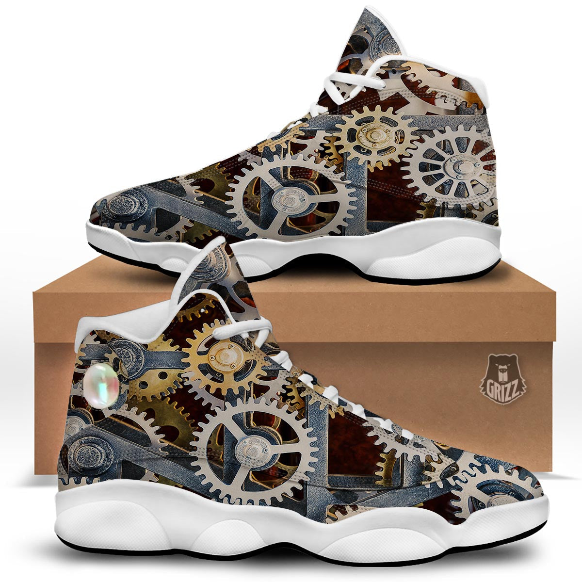 Cogs And Steampunk Gears Print White Basketball Shoes-grizzshop