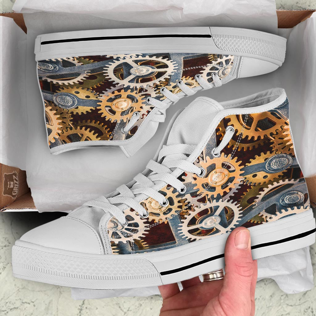 Cogs And Steampunk Gears Print White High Top Shoes-grizzshop