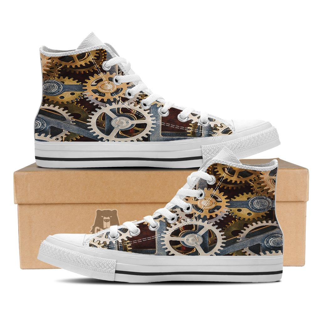 Cogs And Steampunk Gears Print White High Top Shoes-grizzshop