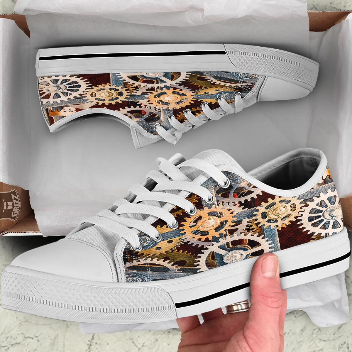 Cogs And Steampunk Gears Print White Low Top Shoes-grizzshop