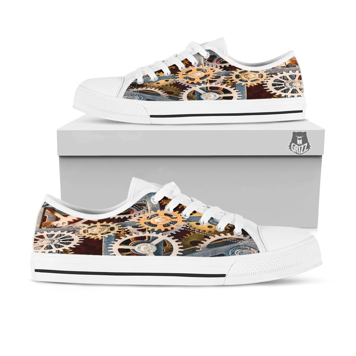 Cogs And Steampunk Gears Print White Low Top Shoes-grizzshop