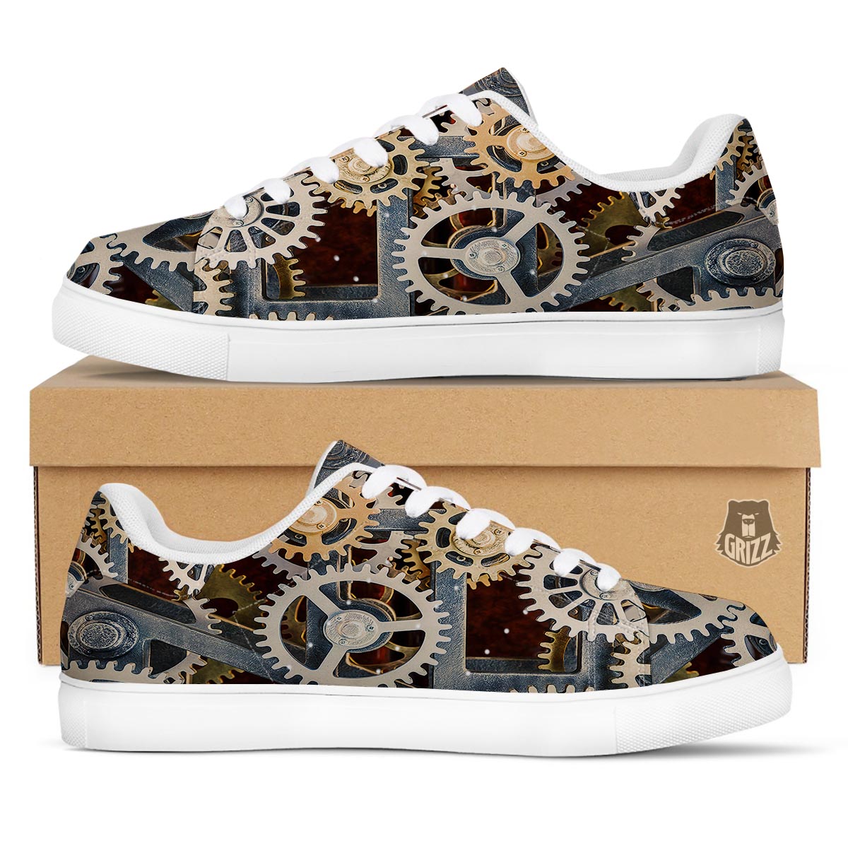 Cogs And Steampunk Gears Print White Low Top Sneakers-grizzshop